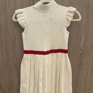 PREOWNED but NEW Janie and Jack - Girls knitted Cream with red ribbon Dress